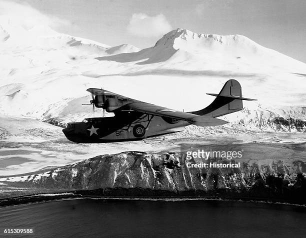 Catalina patrol bomber searching for enemy activity in the Aleutian Islands. March 1943.