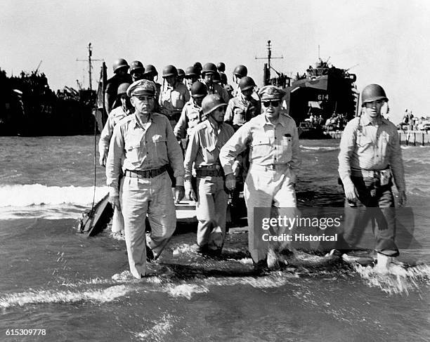 General Douglas MacArthur goes ashore in Lingayen Gulf in the Philippines on S-Day, ca. 1945.