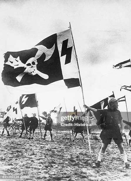 Hitler Youth holding sinister flags bearing swastikas and skull, mace, and axe.