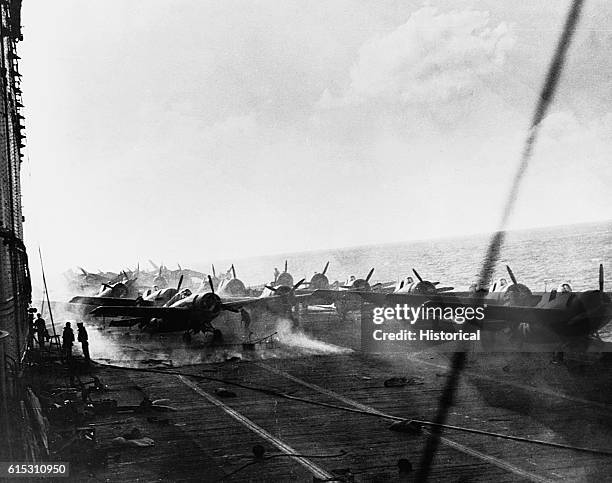 Lexington damaged in the Battle of the Coral Sea. About 1500. [?] Group all landed on board and deck spotted.