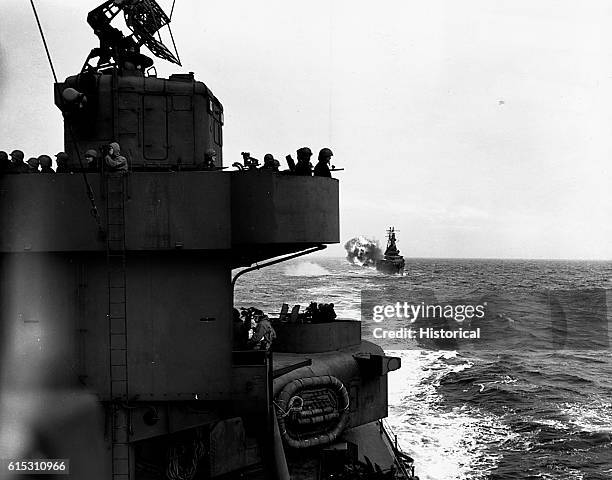 The bombardment of Kiska Island in the Aleutians as viewed from the USS Salt Lake City. | Location: off the coast of Kiska Island, Aleutian Islands,...