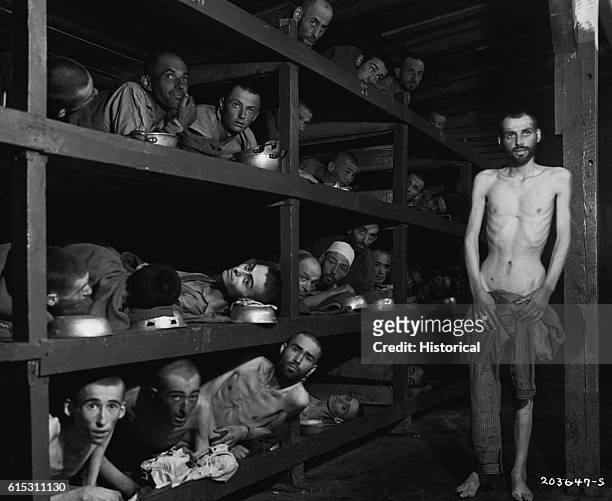 Survivors at Buchenwald Concentration Camp remain in their barracks after liberation by Allies on April 16, 1945. Elie Wiesel, the Nobel Prize...