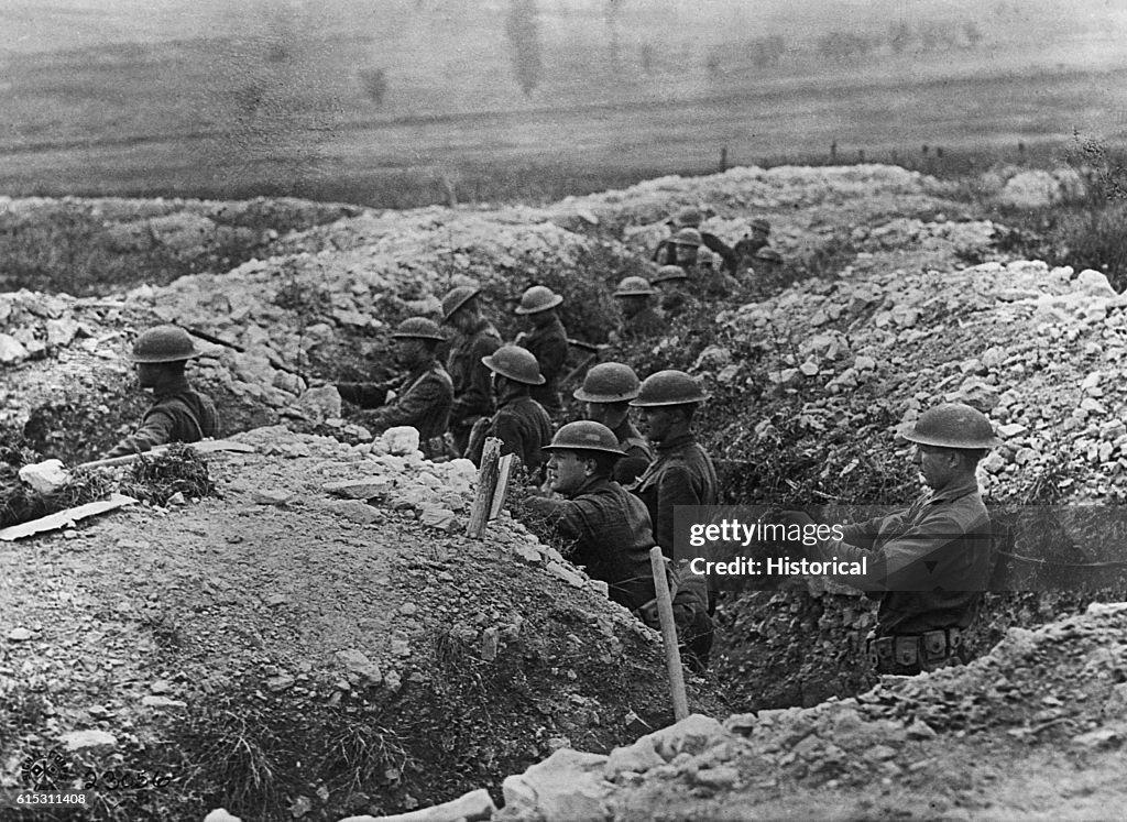 Americans troops take up a position in the trenches near Verdun. The Valley of the Meuse, where 70,000 soldiers died in
