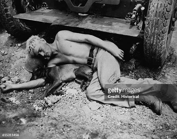 With a steel helmet for a pillow, and the coral ground for a bed, a 6th Division Marine Private John Emmons and his dog take a well-earned rest in...