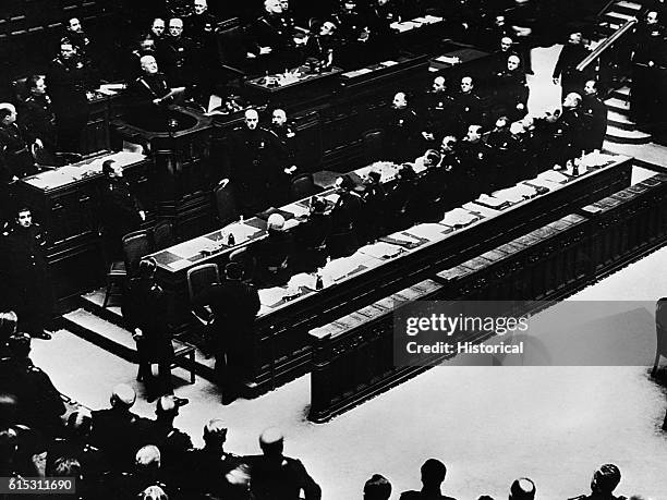 Mussolini addresses the Italian Chamber of Deputies in Rome.