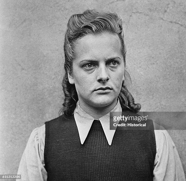 Irma Grese, a German guard at Bergen-Belsen concentration camp, was noted for her cruelty to prisoners. She underwent a trial for war crimes in 1945.