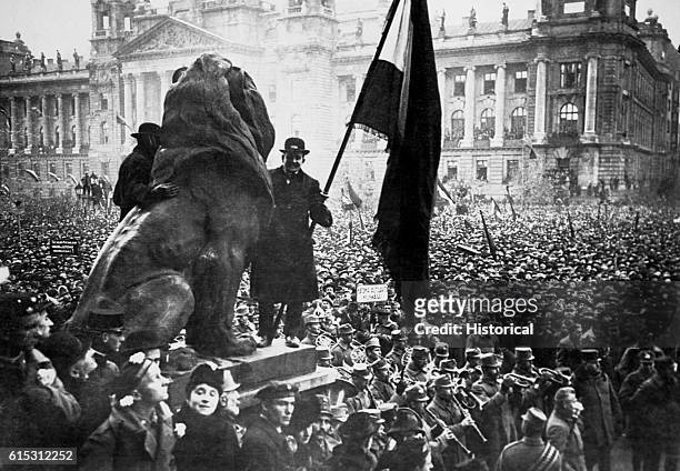 Huge crowd turns out in a public square in Budapest for the proclamation of a new Bolshevik government in Hungary on March 21, 1919. The new system...