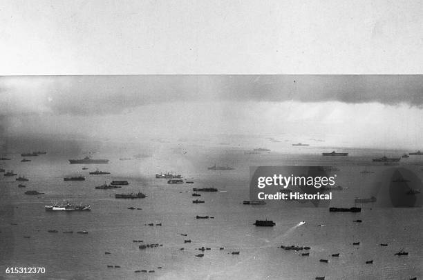 Units of the famed U.S. Navy's 5th Fleet at a Pacific anchorage in preparation for the mighty assault on Iwo Jima and on Tokyo. LSTs and smaller...