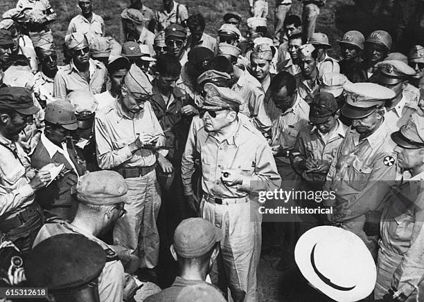 General Douglas MacArthur holds a press conference upon his arrival in Japan, August 1945.