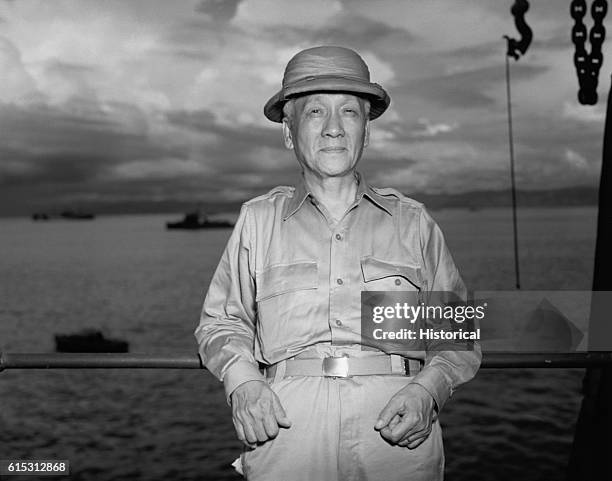 Portrait of Sergio Osmena, the President of the Philippine Commonwealth, on a ship in the south Pacific[?], ca. 1940s. | Location: on a ship, in the...