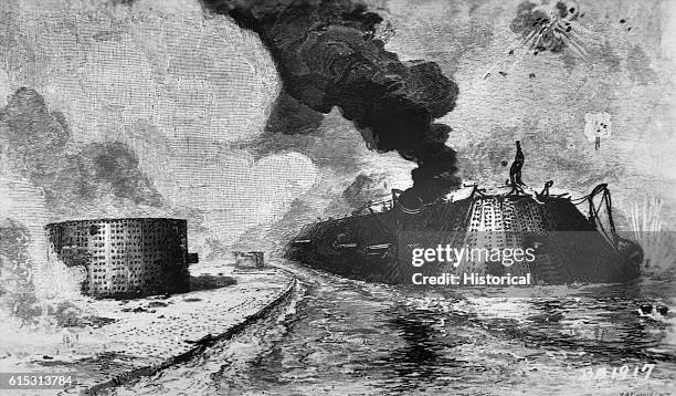 Smoke rises from Hampton Roads channel during the battle between the ironclad ships the Monitor and the Merrimac, March 9, 1862.