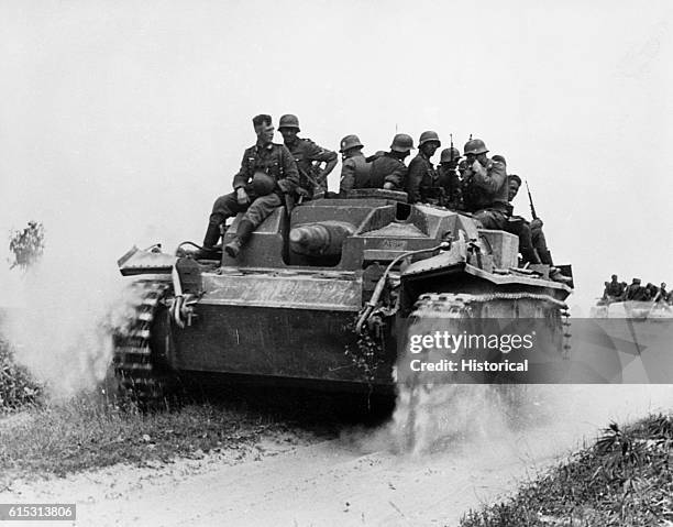 German tank breaks through the Stalin Line during the German invasion of the Soviet Union in World War II.