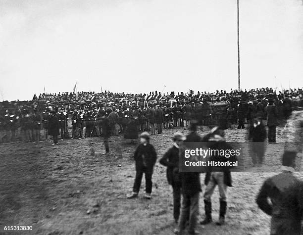 Crowd gathered at Gettysburg, Pennsylvania to hear Lincoln's famous Gettysburg Address, a speech made at the dedication of the Civil War cemetery at...