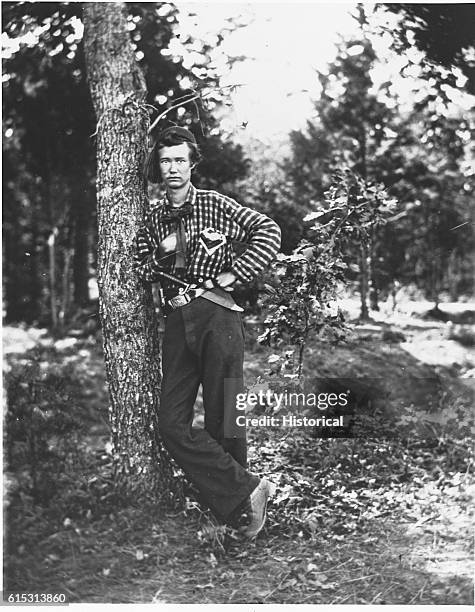Private of the Fourth Michigan Infantry of the Union army, wears his "hickory shirt," ca. 1861-1865.