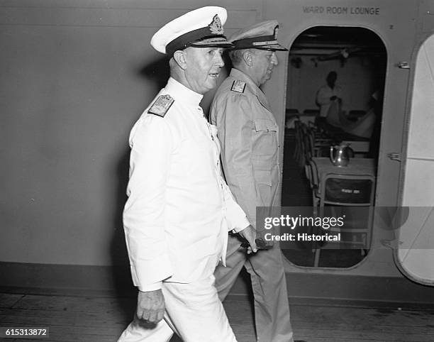 Admiral Andrew Browne Cunningham was commander of Allied naval forces in the Mediterranean. Ca. 1940s. | Location: on a ship.