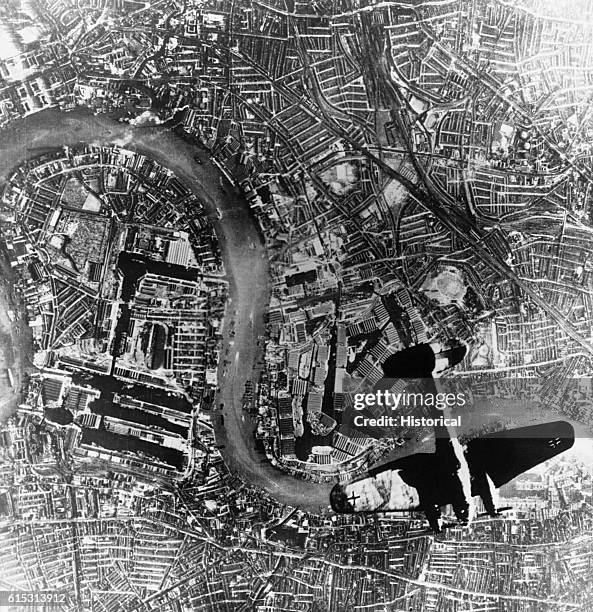 London and the Thames lie vulnerable below a German Heinkels 111 bomber, seen from an escort plane during a bombing raid on July 9, 1940. The Battle...