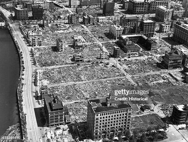 Incendiary bombing raids in the spring and summer of 1945 leveled whole city blocks in downtown Tokyo, Japan.