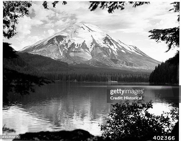 The Mount St. Helens Volcano seen from Spirit Lake, 46 years before its catastrophic eruption.
