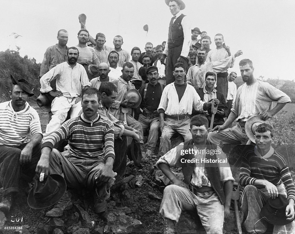 Group of Italian Laborers on Dirt Train at Culebra Cut.