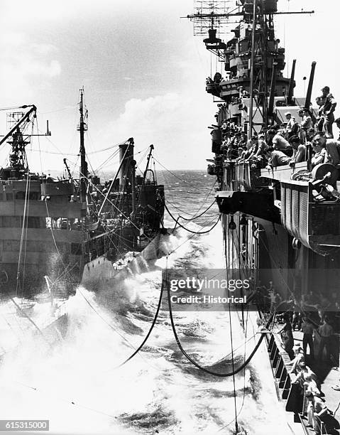 The USS Lexington refuels from a tanker in November 1943. | Location: Near the Marshall Islands.