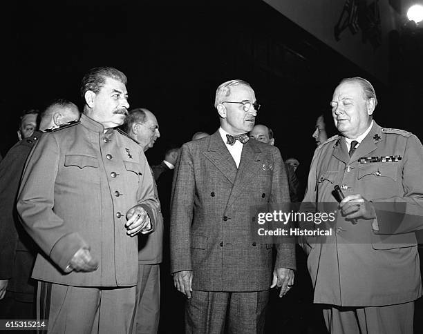 The leaders of the Big Three meeting at the Potsdam Conference, Germany, 17th July to 2nd August 1945. Left to right: Soviet leader Joseph Stalin ,...