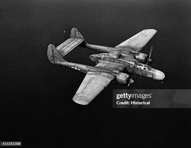 Army Northrup P-61 "Black Widow" fighter plane in flight over the South Pacific. June 17, 1944. | Location: over the South Pacific Ocean.