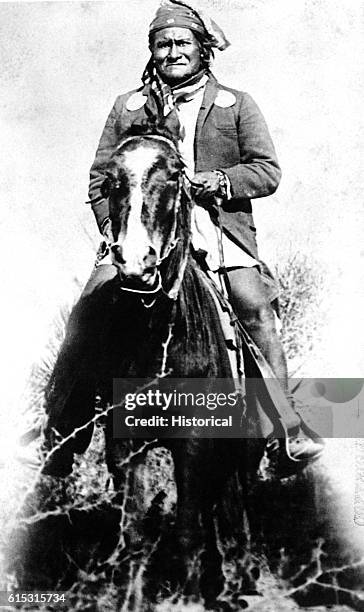 Geronimo, chief of the Chiricahua Apache tribe, as he appeared before surrendering to General Crook in the Sierra Madre Mountains of Mexico, 1886.
