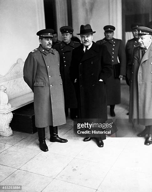 Soviet Premier Stalin with his foreign minister Molotov outside the palace in Yalta, where the history-making conference of the "Big Three" took...