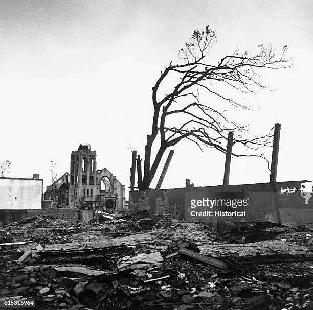 Tree stripped of its leaves stands amid rubble and the shells of buildings after the atomic blast that destroyed Hiroshima on August 6, 1945.