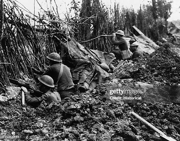 The American front line in the Meuse valley, north of Verdun, is protected by camouflage contributed by the Germans, who left the terrain for another...