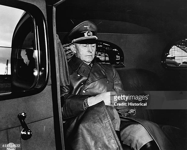 Colonel General Alfred Gustav Jodl arrives to sign the surrender of Germany to Allied forces. Rheims, France, May 7, 1945.