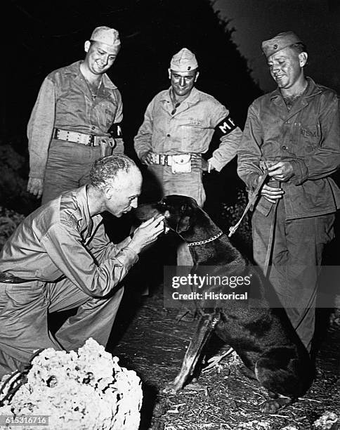 War correspondent Ernie Pyle pets a Doberman pinscher accompanying an military police patrol. Ca. 1941-1945. | Location: outdoors.