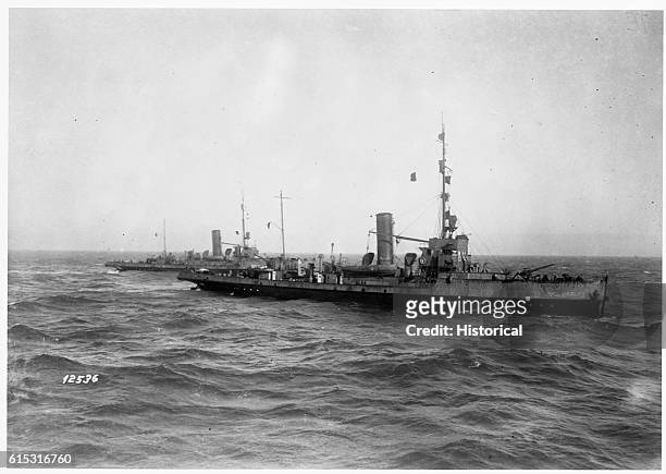 Two minesweepers of unknown national origin on patrol in the north Atlantic Ocean. Ca. 1914-1918.