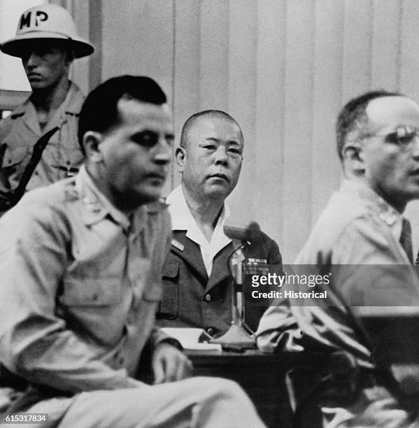Japanese general Tomoyuki Yamashita, center, the Tiger of Malaya, undergoes trial for war crimes committed under his command in the Philippines in...