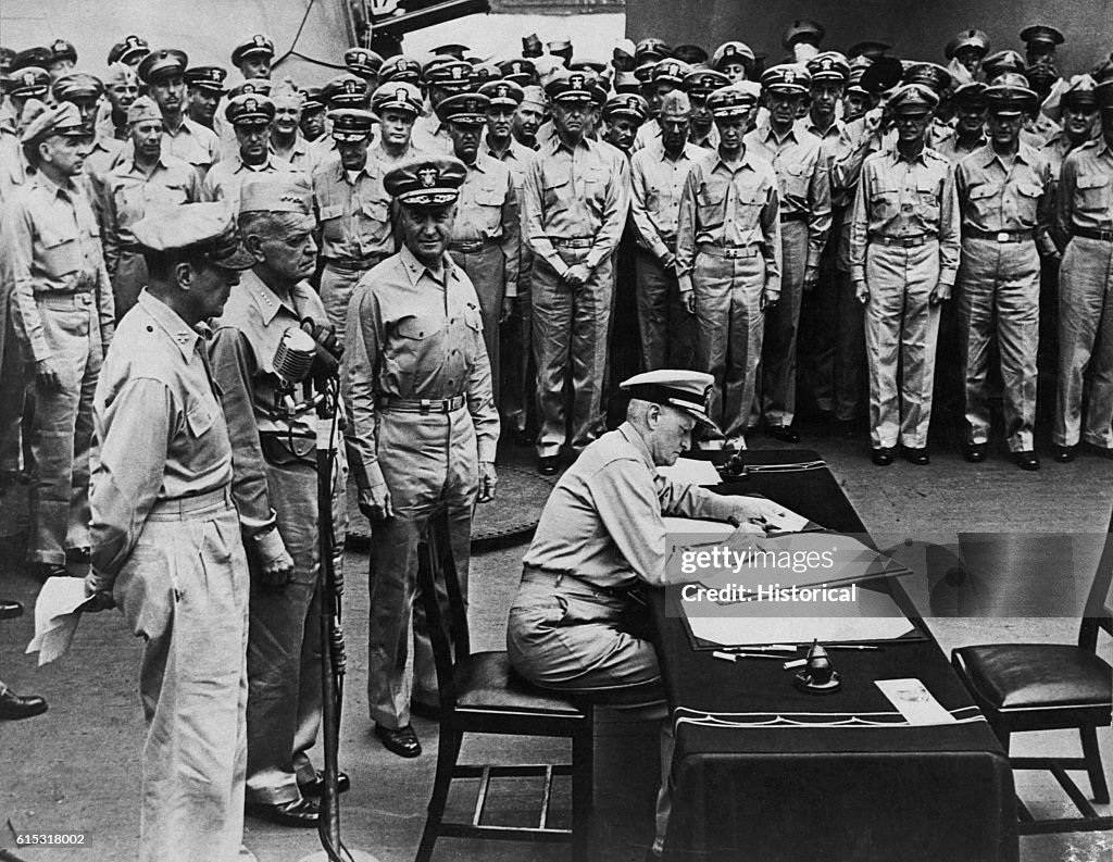 Fleet Admiral Nimitz Signs Japanese Surrender Document