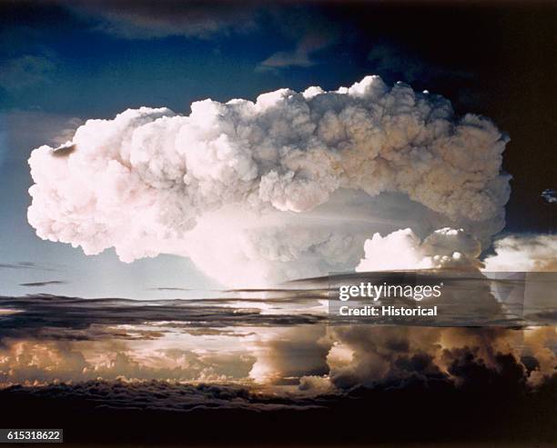 The mushroom cloud from Ivy Mike, one of the largest nuclear blasts ever, during Operation IVY. The blast completely destroyed Elugelab Island.