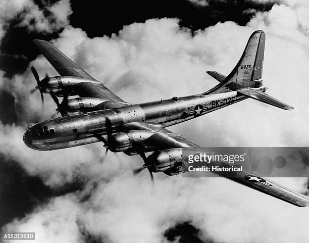The Boeing B-50A Superfortress, the post-WWII version of the B-29, during a flight.