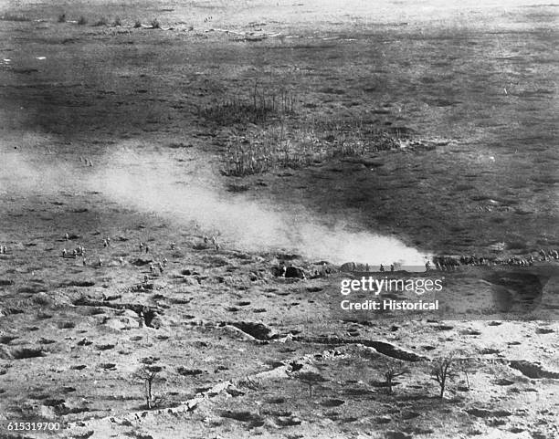 At a height of 150 meters above the fighting line, the daring French photographer was able to get this rare photograph of French troops on the Somme...