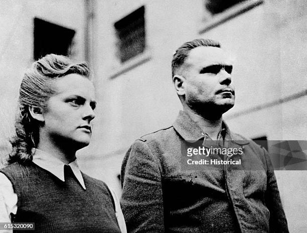 Nazi criminals Irma Grese and Josef Kramer in the custody of the British at the end of World War II.