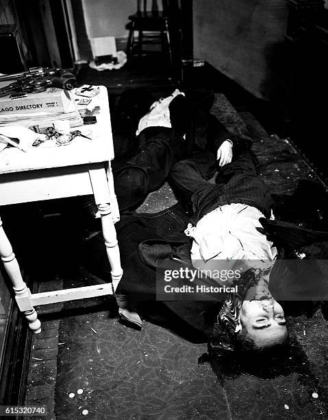 The bodies of two gangsters killed in the Touly Gang Shoot Out in Chicago, Illinois.