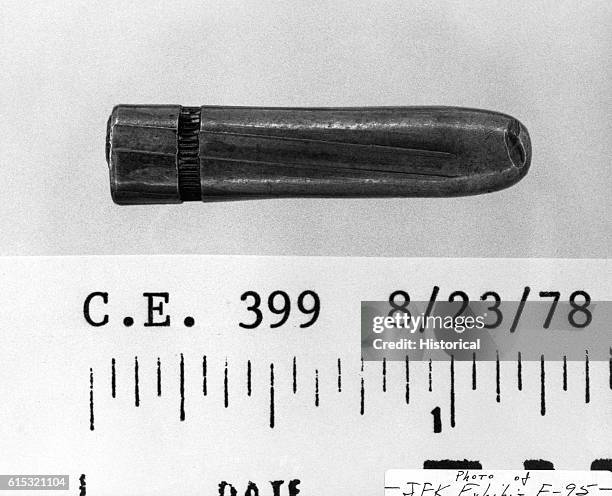 Bullet found on Connally's stretcher. Photographed August 23, 1978 for inclusion as an exhibit for the House Assassinations Committee formed in 1976.