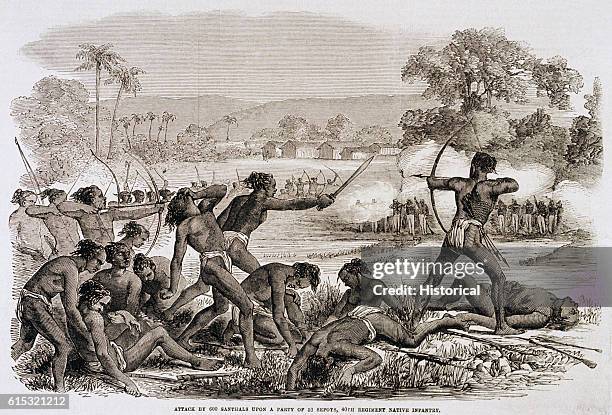 An attack by a Santhal party on Sepoys in the 40th Regiment Native Infantry.