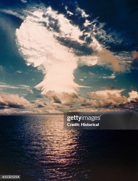 The mushroom cloud from Ivy Mike, one of the largest nuclear blasts ever, during Operation IVY. The blast completely destroyed Elugelab Island.