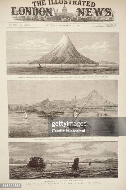 The front page of the Illustrated London News from September 8 offers illustrations of the August 26-28 eruption of the volcano Krakatoa between...