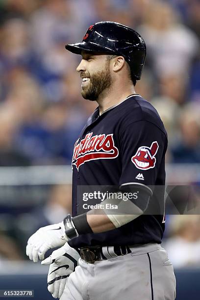 Jason Kipnis of the Cleveland Indians celebrates after hitting a solo home run in the sixth inning against Marcus Stroman of the Toronto Blue Jays...