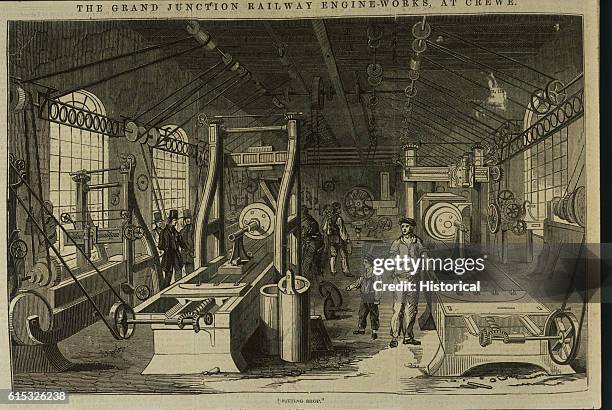 Interior of the 'Fitting Shop' in the Grand Junction Railway Engine-Works at Crewe, England, in 1849.