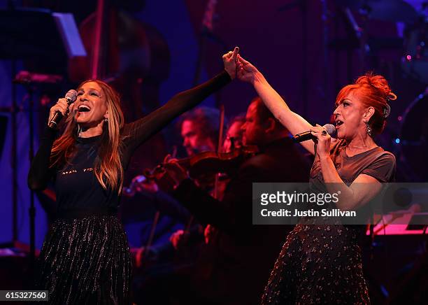 Sarah Jessica Parker and Andrea McArdle perform during the Hillary Victory Fund - Stronger Together concert at St. James Theatre on October 17, 2016...