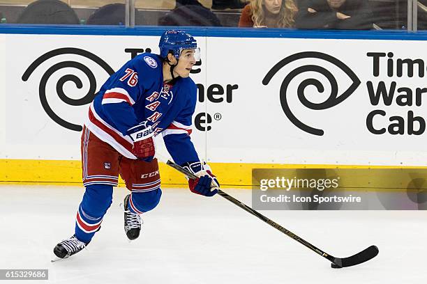 New York Rangers Defenseman Brady Skjei with the puck during the third period of opening night at Madison Square Garden in a NHL game between the New...
