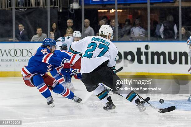 San Jose Sharks Right Wing Joonas Donskoi takes the puck towards the Rangers net during the first period of a NHL game between the San Jose Sharks...