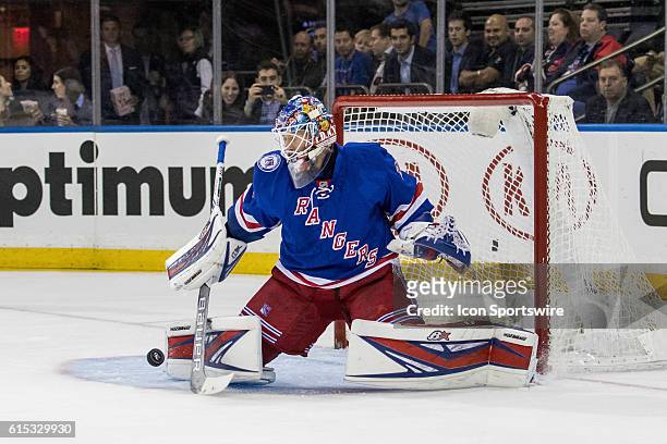 New York Rangers Goalie Antti Raanta with a save during the first period of a NHL game between the San Jose Sharks and the New York Rangers at...